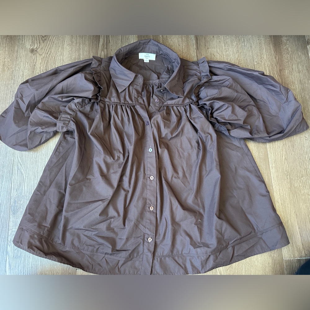 Chocolate Brown Puff Sleeve Button Up Blouse for Women